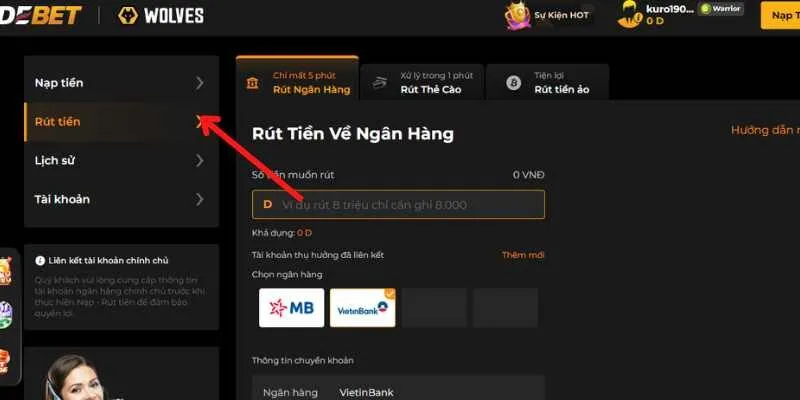 Truy cập vào rút tiền qua giao diện chính của nhà cái